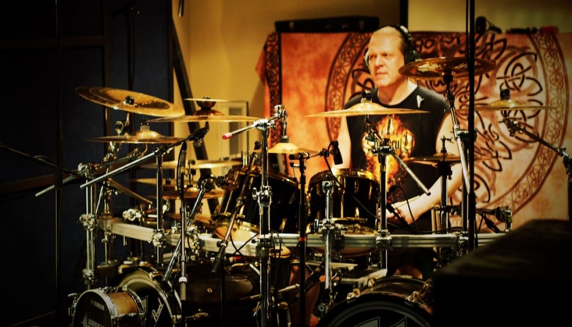 Janne Parviainen in Astia-studio A drum room with Ensiferum