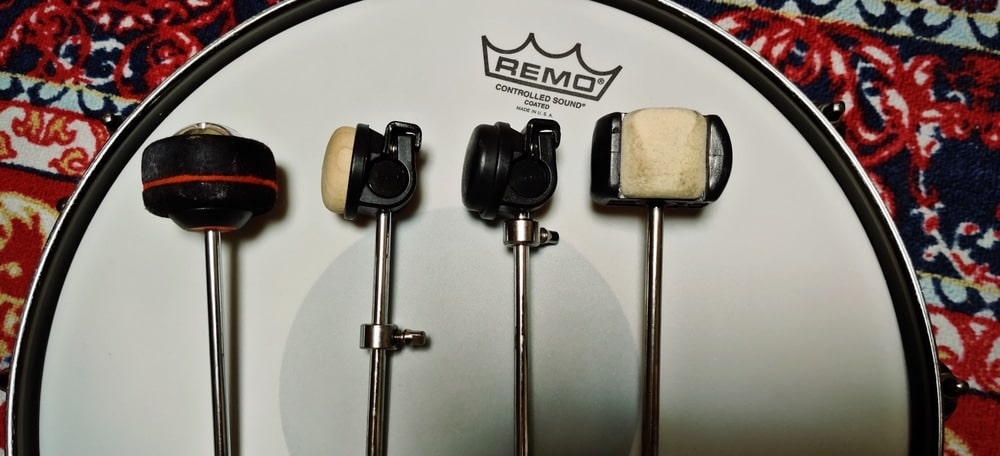 The bass drum beater - Pearl Demon Drive, Tama Iron Cobra plastic, Tama Iron Cobra wood, Pearl Quad Beater.