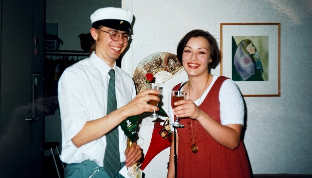 Astia-studion Anssi Kippo ja oopperalaulaja Niina Keitel vuonna 1995